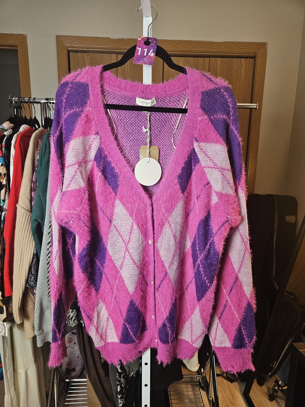 Umgee Pink & Purple Argyle Fuzzy Button-Up Cardigan